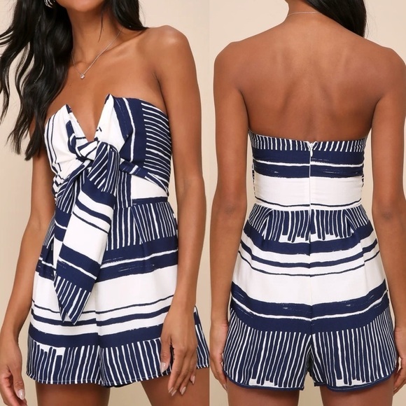 Lulus Pants - Delphi Blue and White Striped Tie-Front Strapless Romper